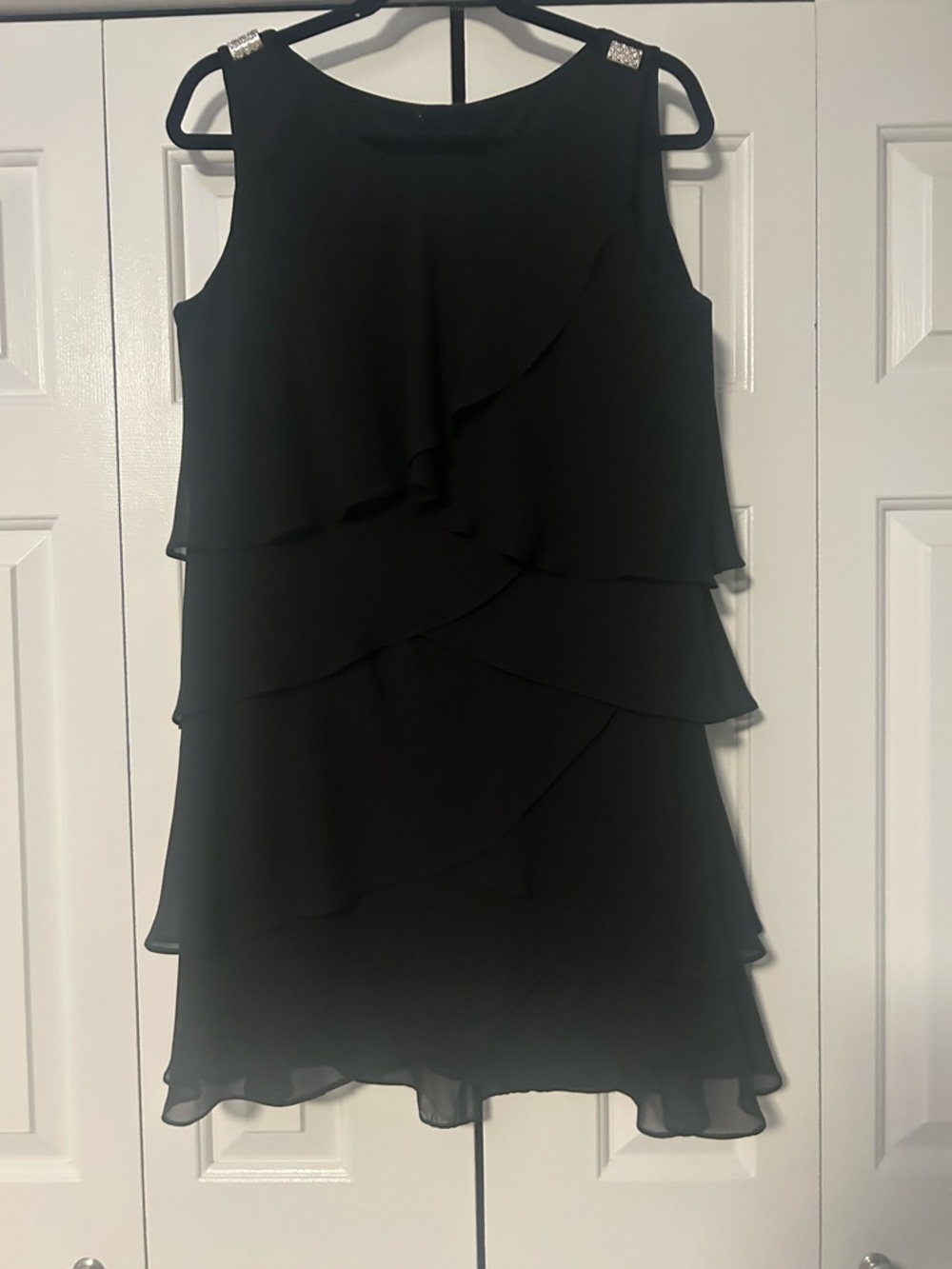 Black Tiered Ruffle Sleeveless Dress with Embellished Shoulders